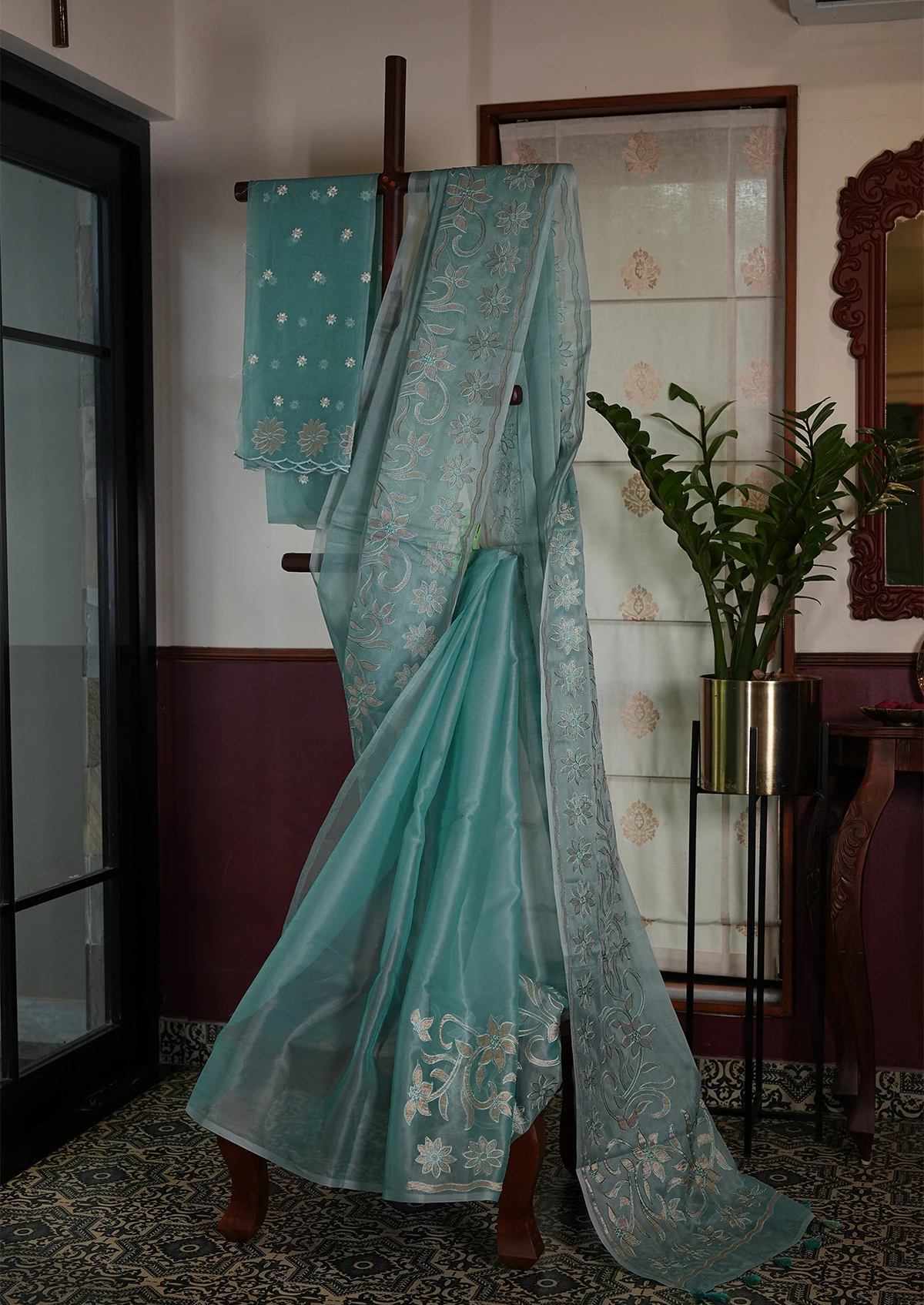 Aqua Blue Organza Border Pallu Applique Saree