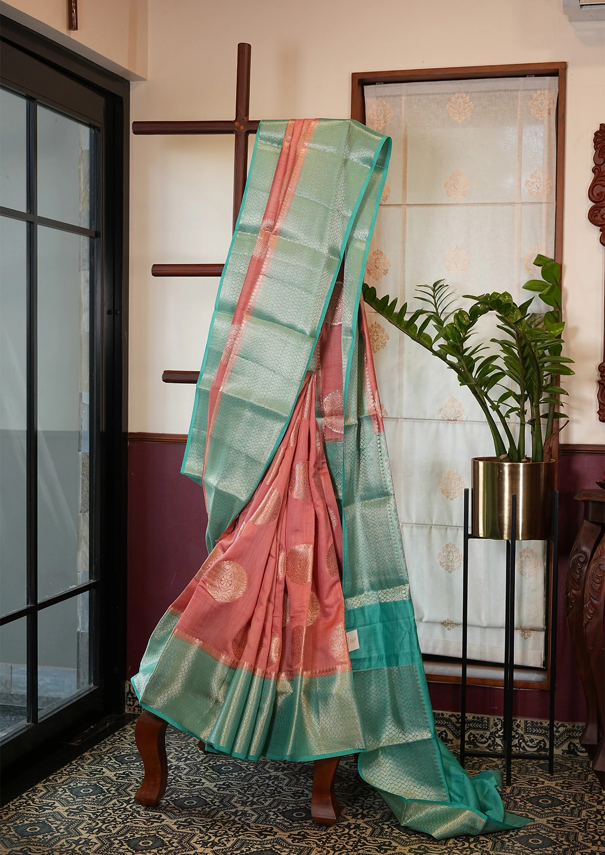 Aqua Green and Coral Pink Chiniya Silk Banarasi Saree