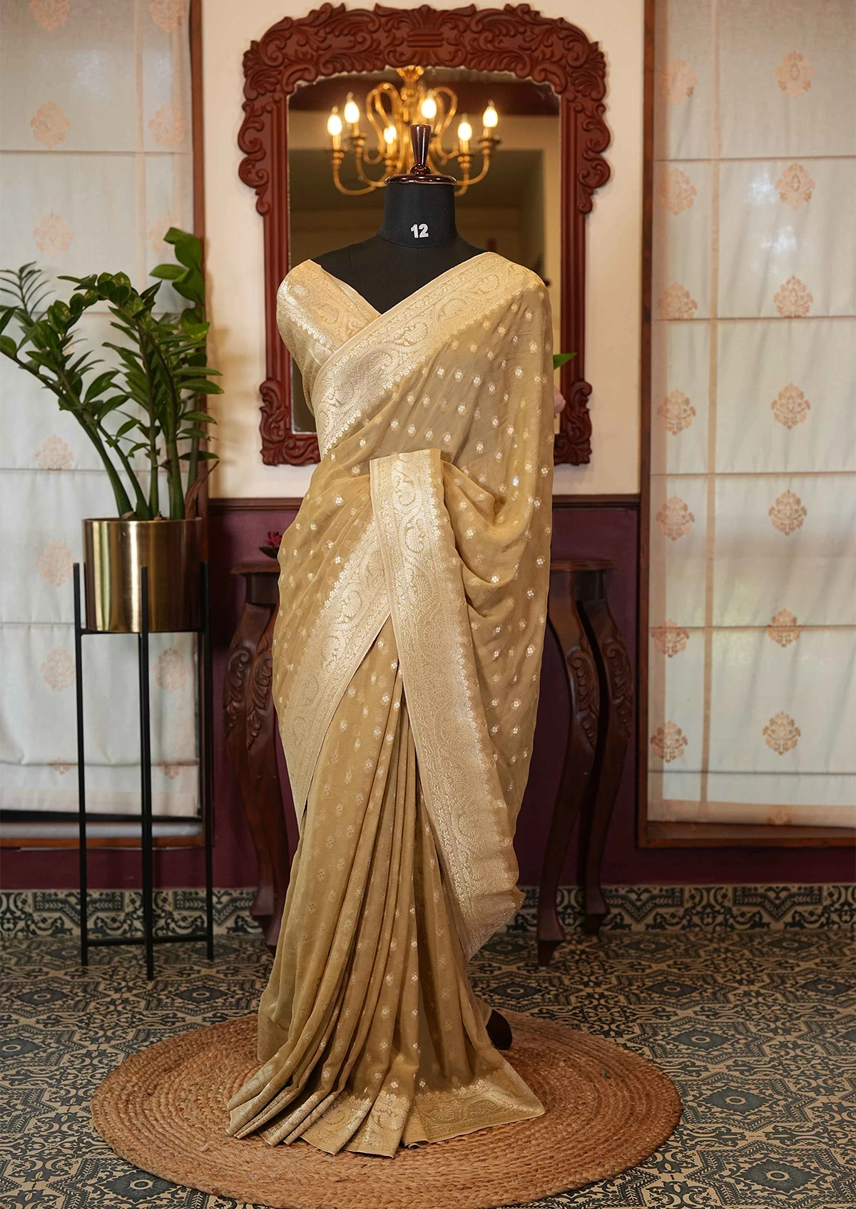 Beige Banarasi Georgette Saree with Woven Detailing