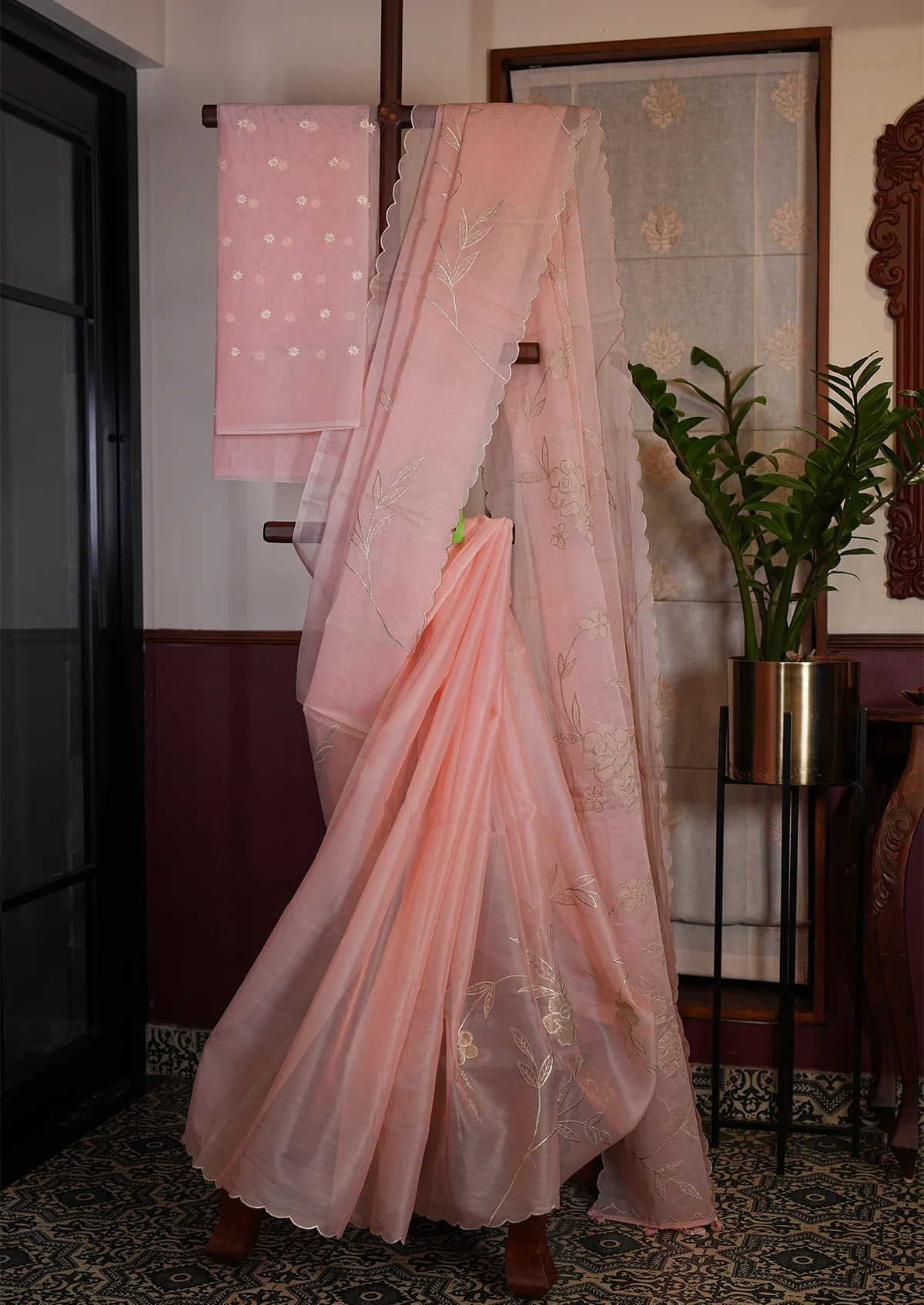 Blush Peach Applique Work Organza Saree with Soft Detail