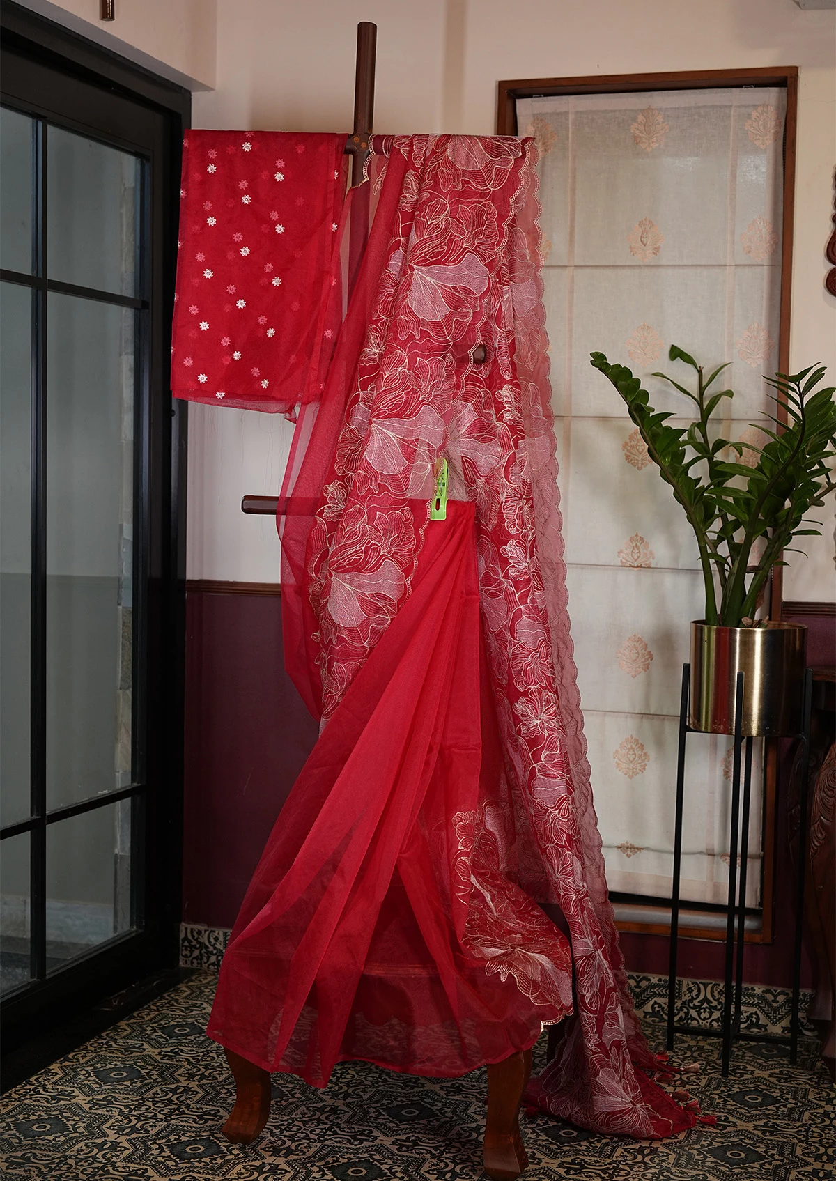 Bright Red Semi Turkish Organza Saree with Floral Detail