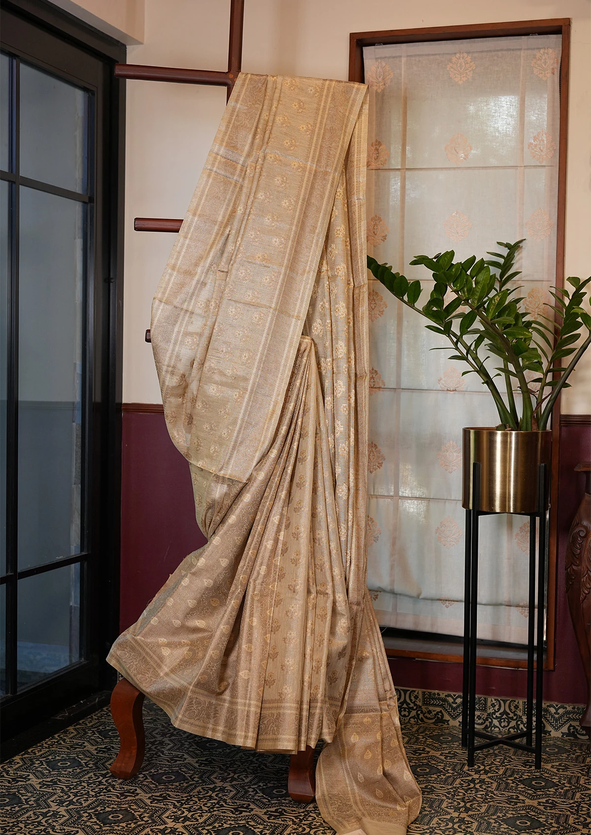 Cream Kota Silk Checks Banarasi Saree