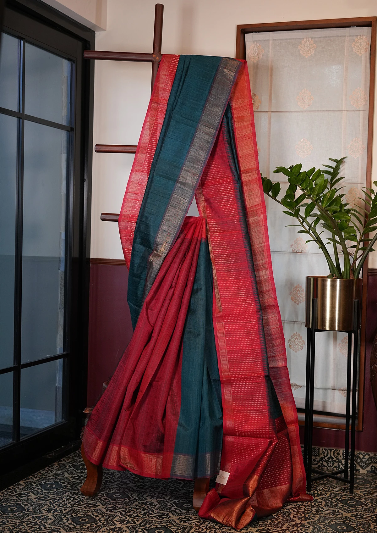 Dark Teal Blue and Red Raw Silk Banarasi Saree