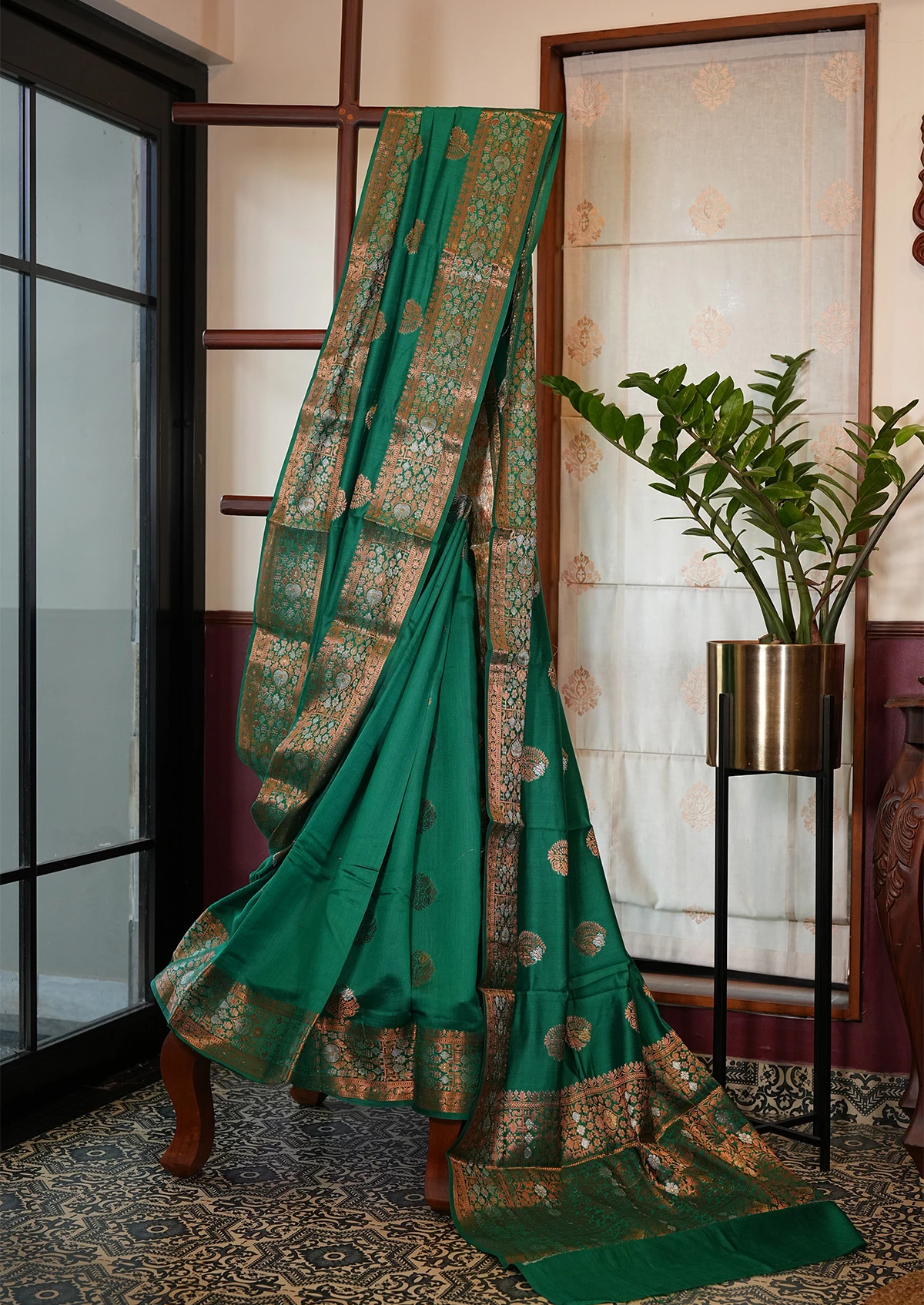 Emerald Green Banarasi Chiniya Tilfi Saree with Gold Woven Border
