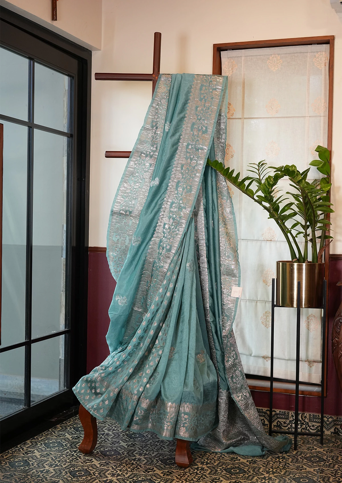 Ice Blue Viscose Banarasi Saree with Contrast Border