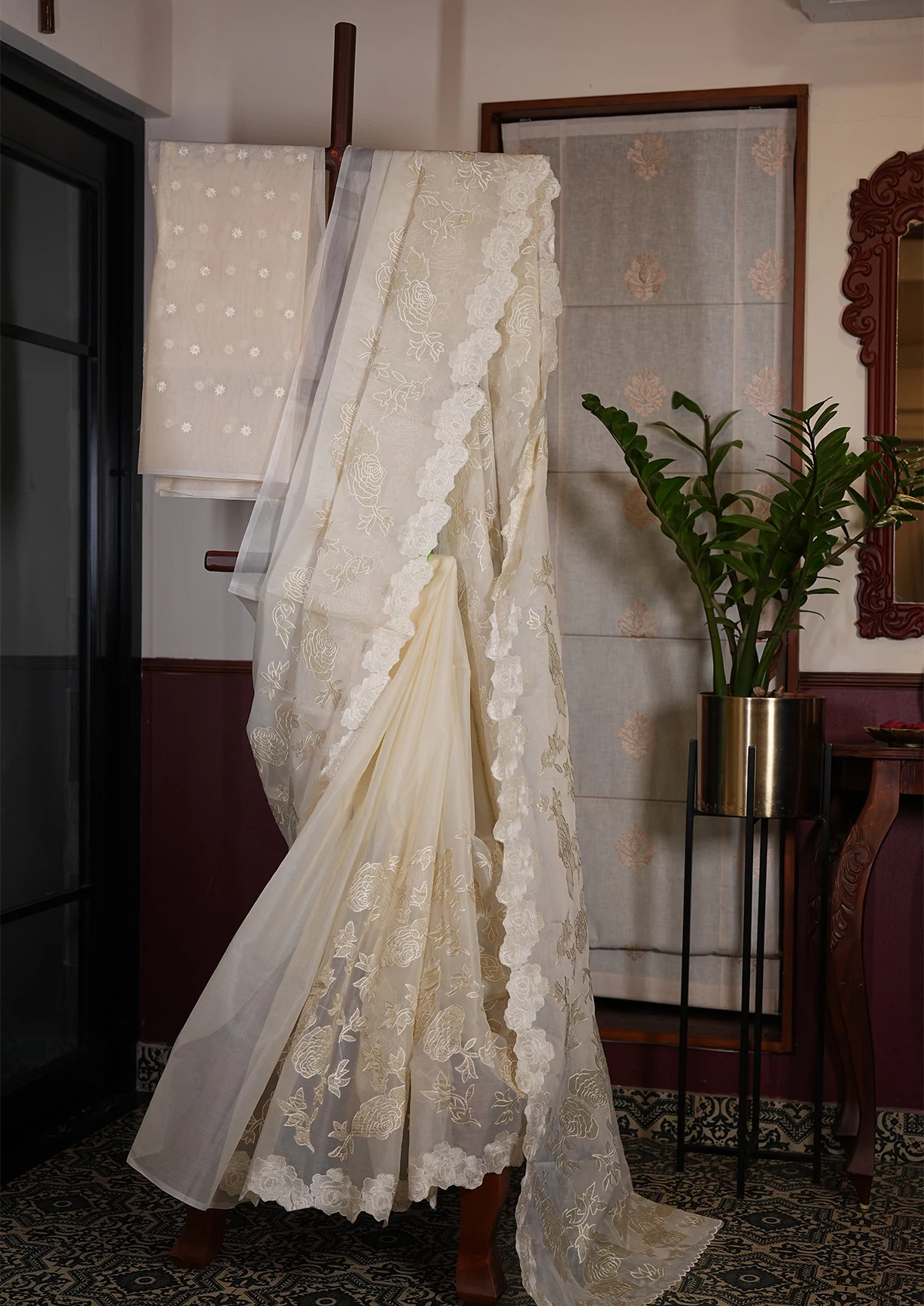 Ivory Applique Work Organza Saree with Delicate Border