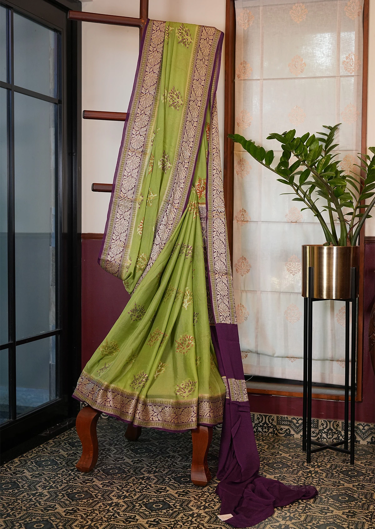 Light Green Shiffon Tifi Buta Banarasi Saree