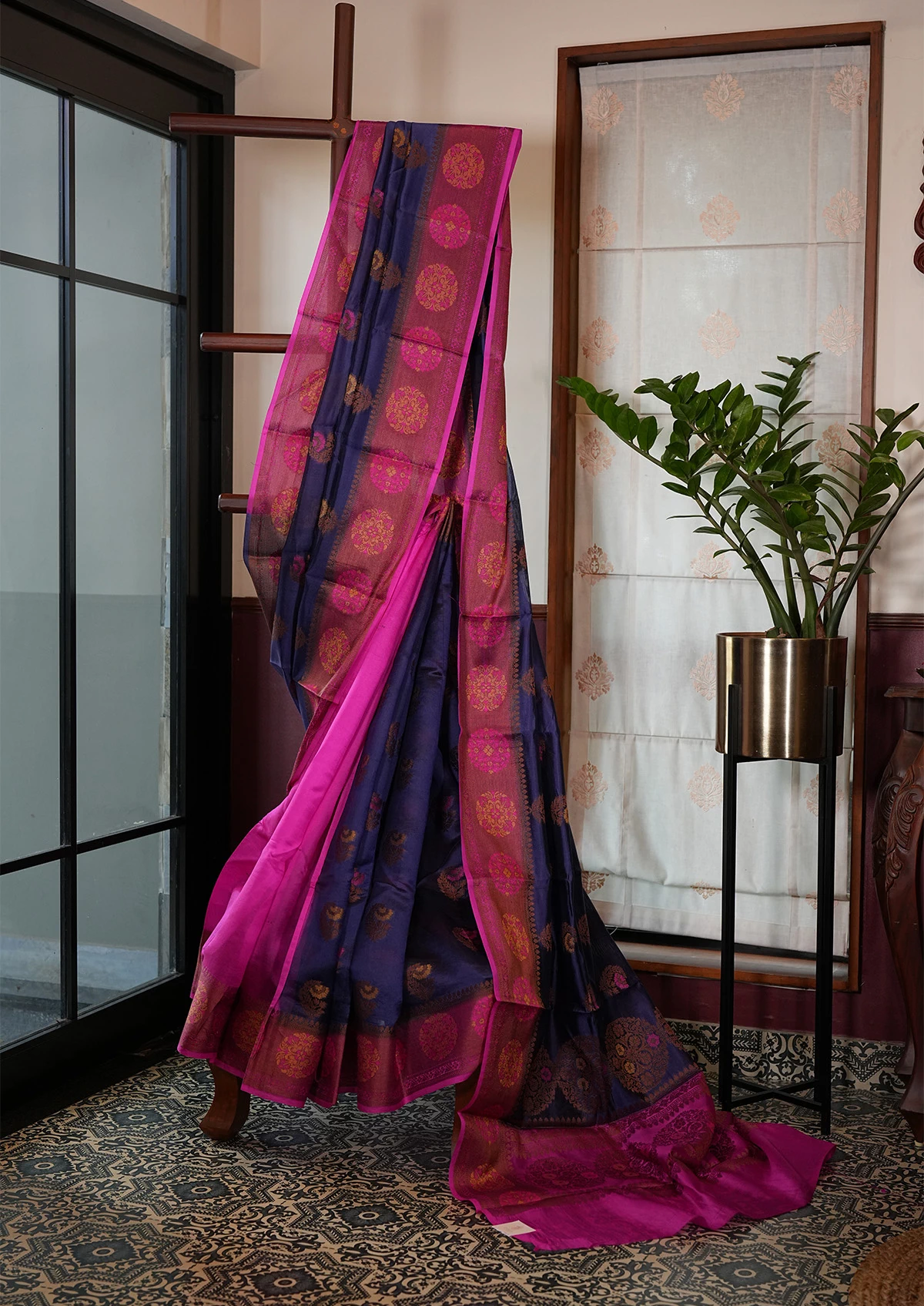 Magenta and Navy Blue Dupion Tilfi Banarasi Saree