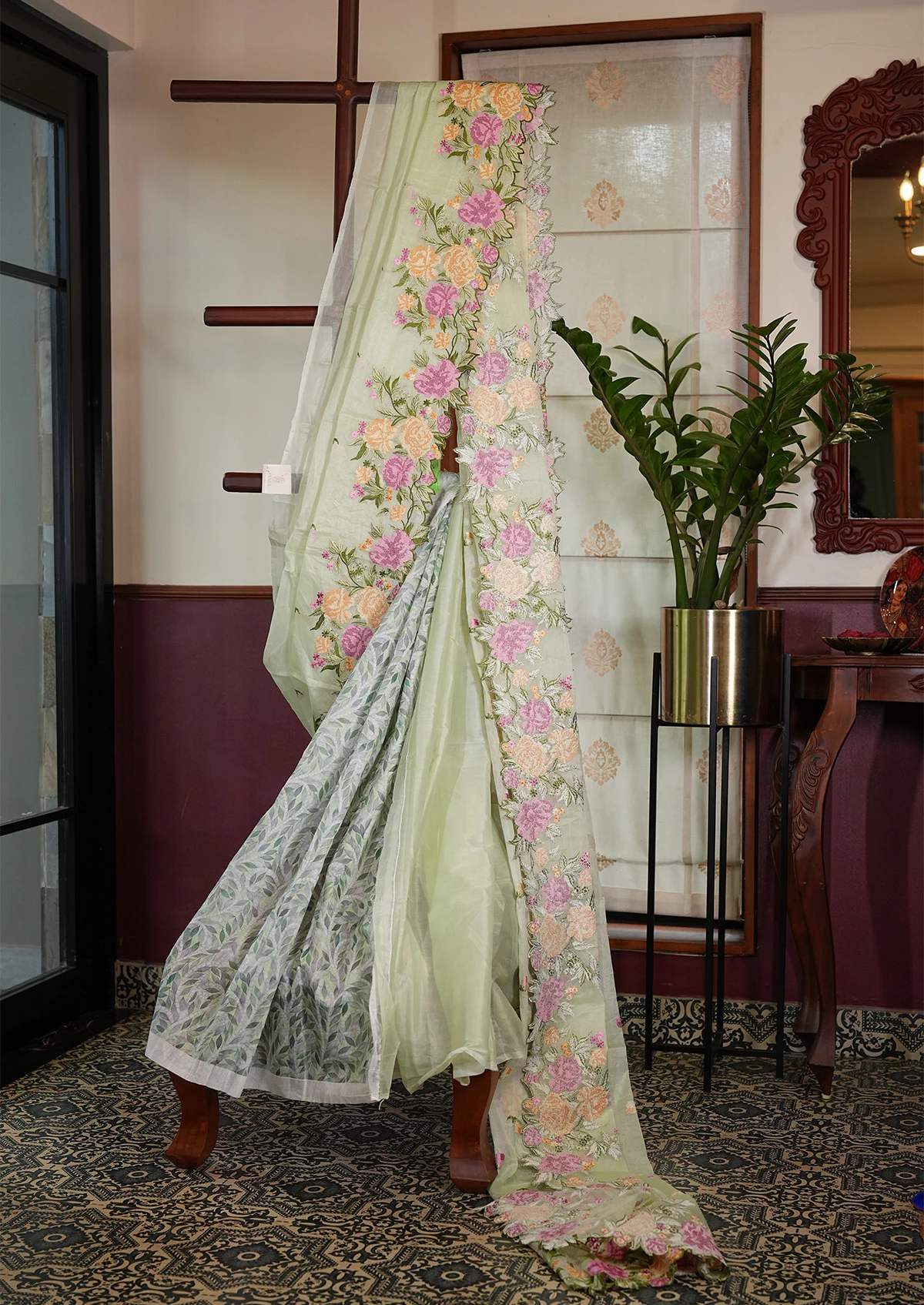 Mint Green Embroidery Organza Saree with Floral Detail