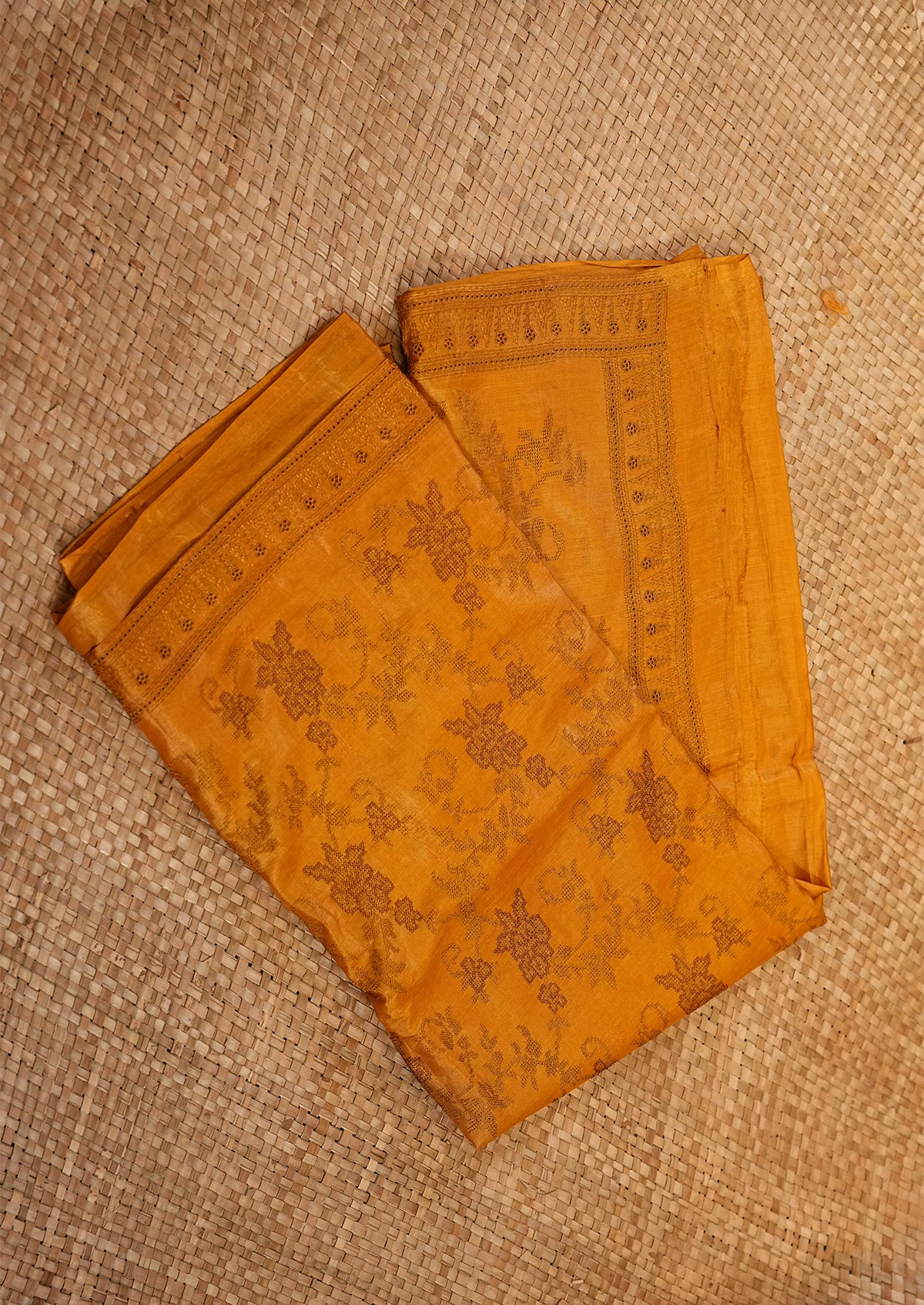 Mustard Orange Tussar Saree with Floral Motifs