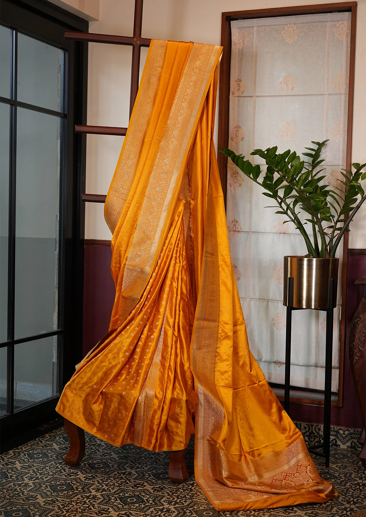 Mustard Yellow Maron Silk Banarasi Saree