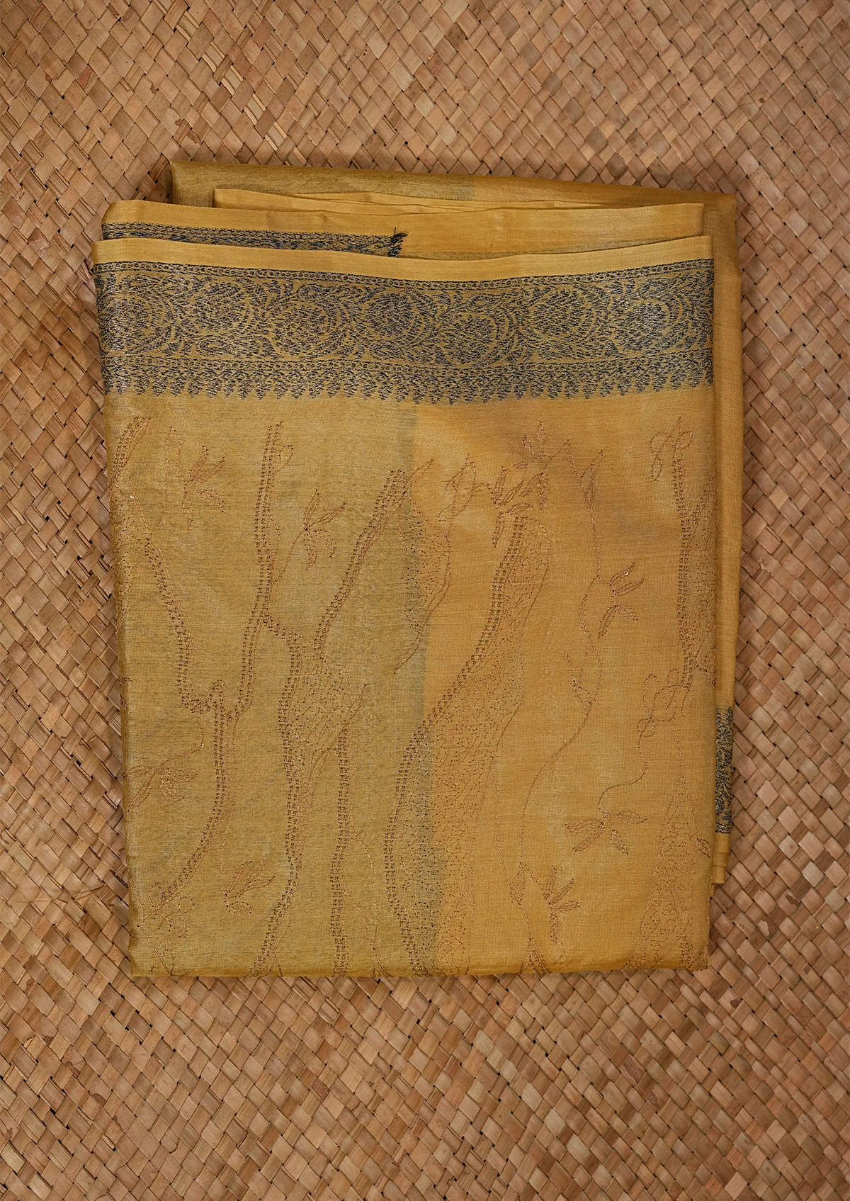 Mustard Yellow Tussar Saree with Grey Border