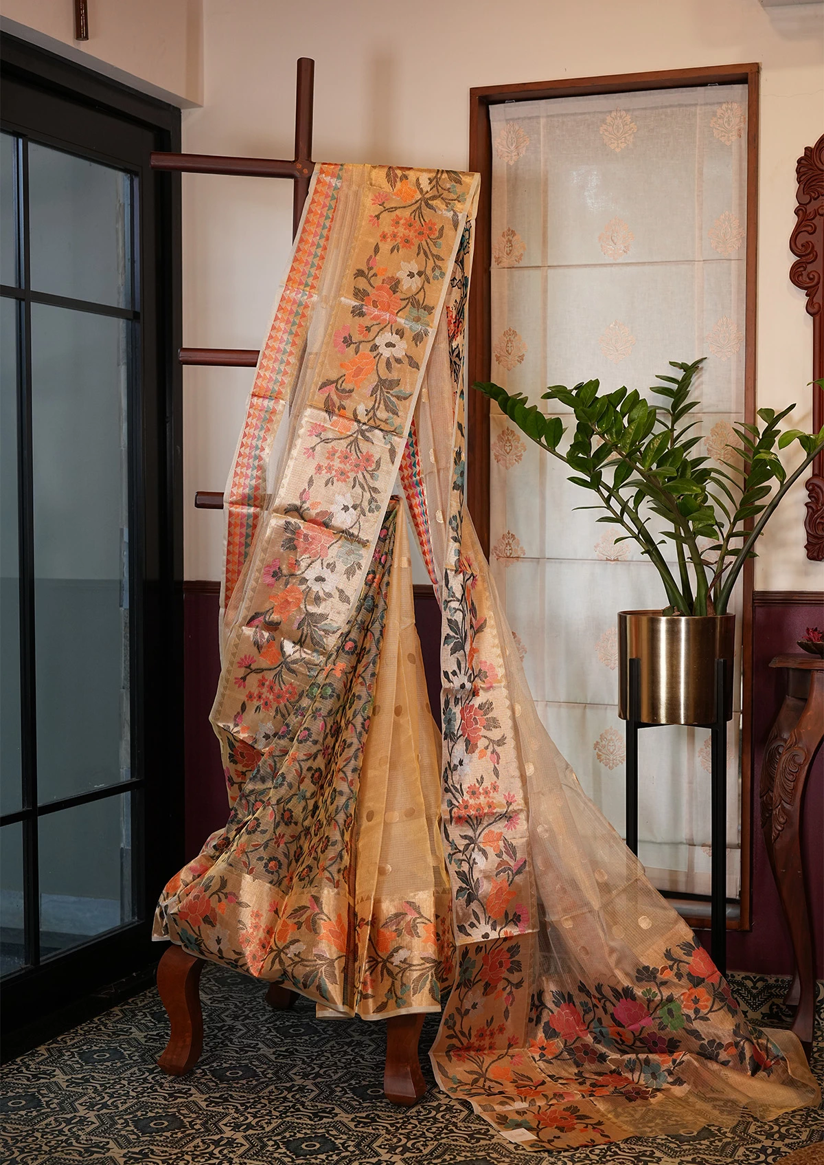 Peach Floral Tissue Banarasi Saree