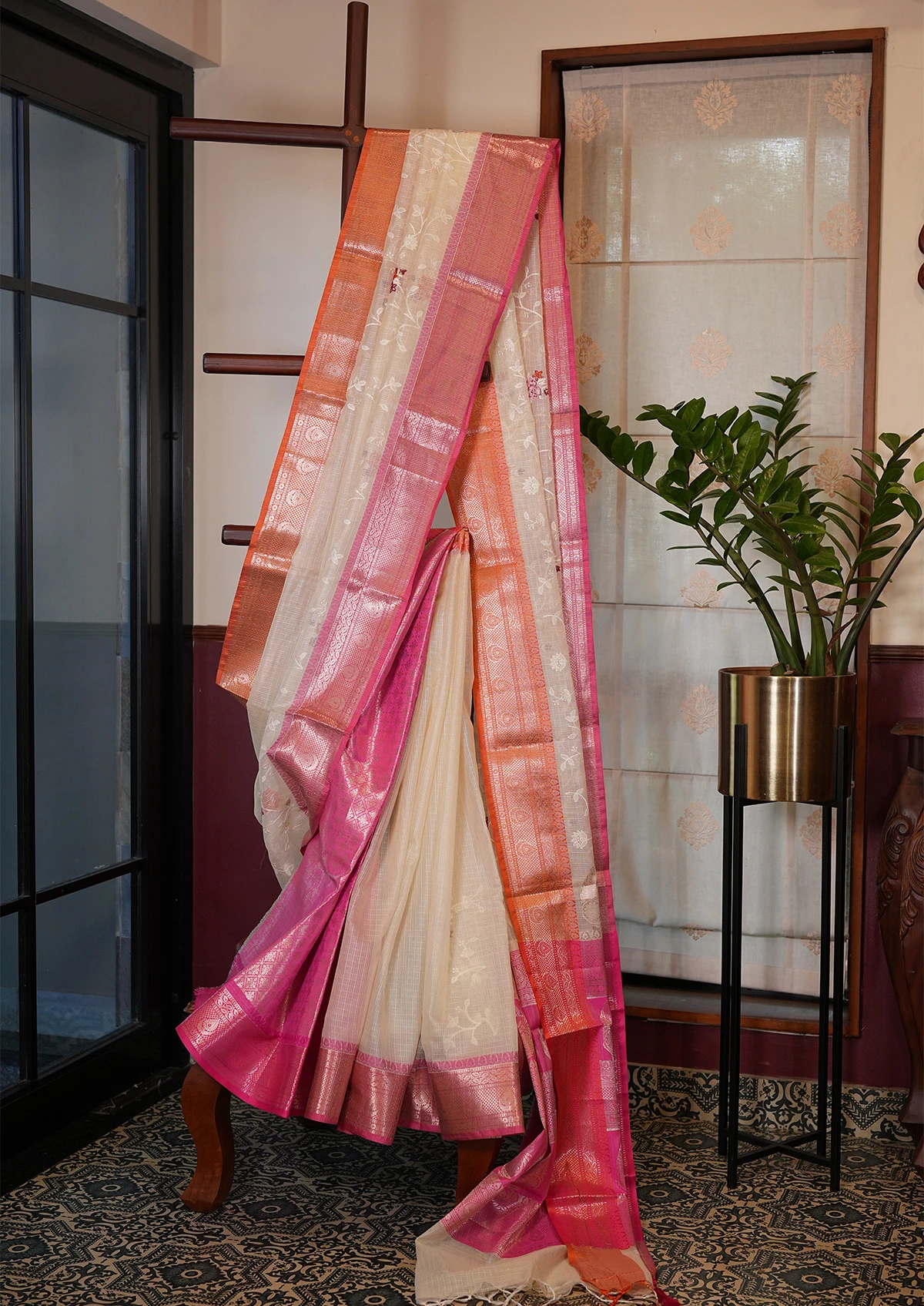 Pink and Cream Kota Silk Checks Banarasi Saree
