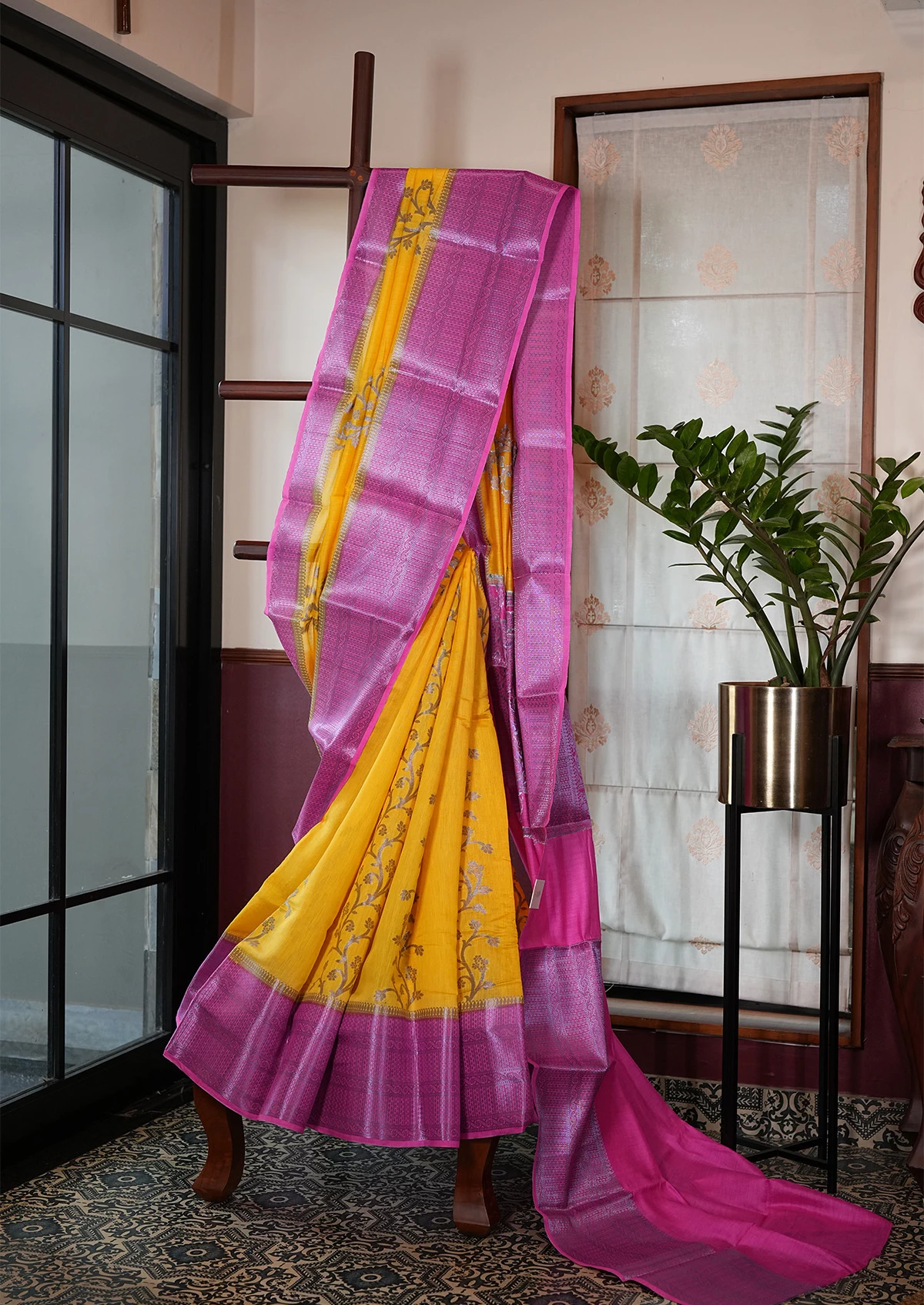 Pink and Mustard Chiniya Silk Banarasi Saree