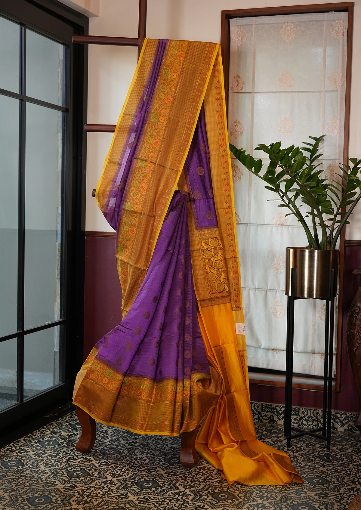 Purple and Mustard Chiniya Dupion Tilfi Banarasi Saree