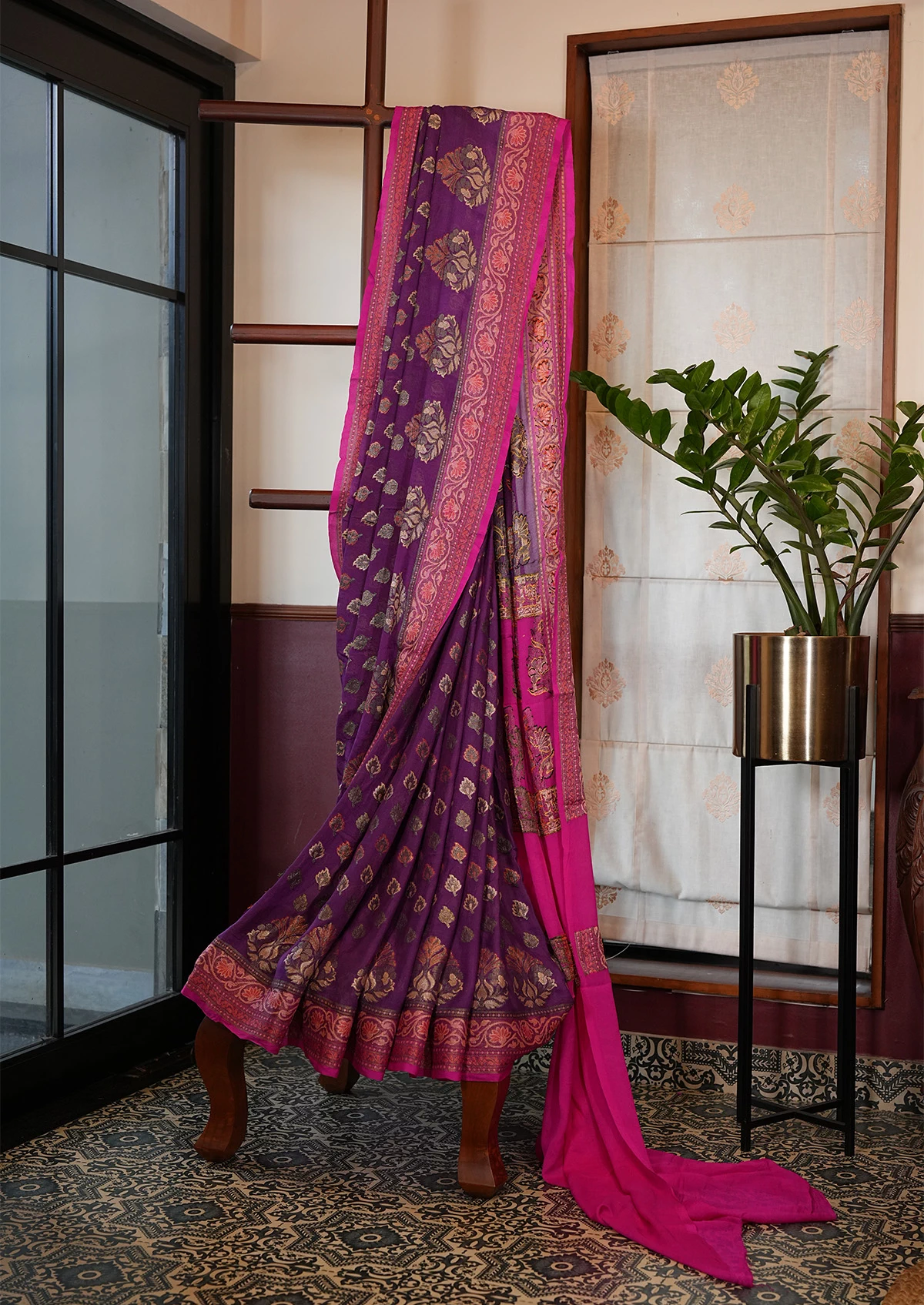 Purple Shiffon Banarasi Saree with Woven Floral Motifs