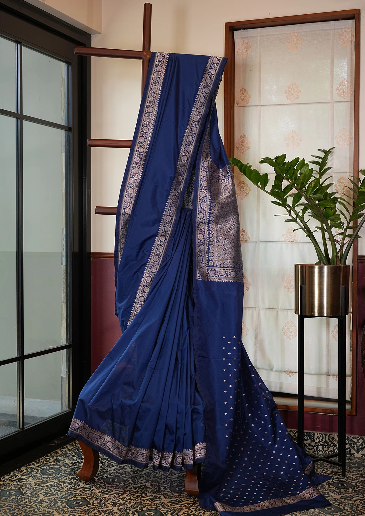 Royal Blue Valkalam Banarasi Saree with Woven Border
