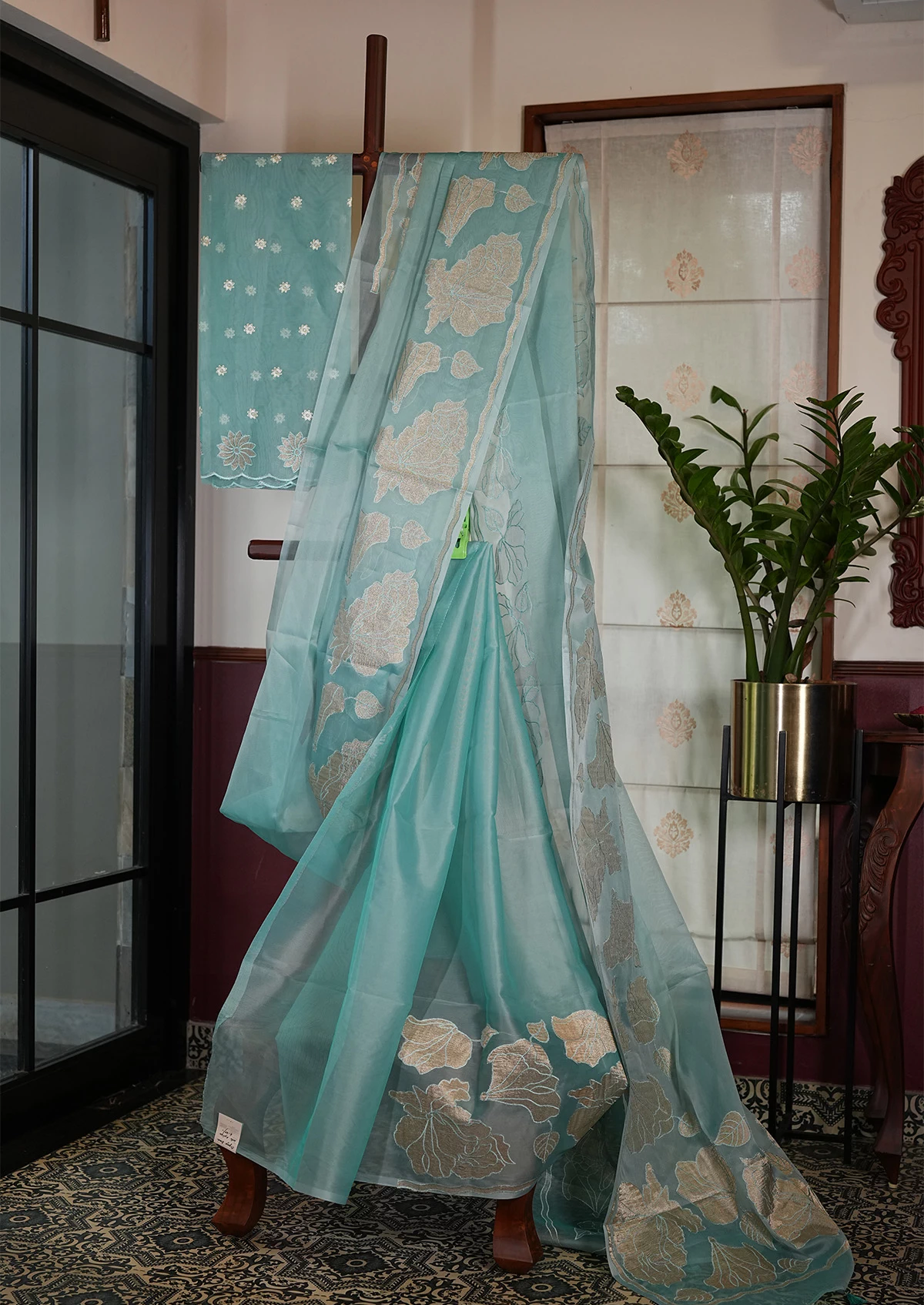 Sky Blue Organza Border Pallu Applique Saree