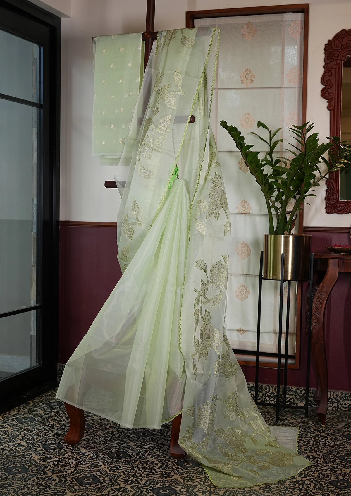Soft Mint Green Embroidery Organza Saree with Delicate Detail