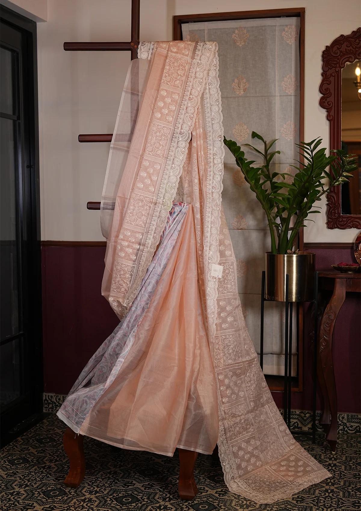 Soft Peach Embroidery Organza Saree with Delicate Floral Detail