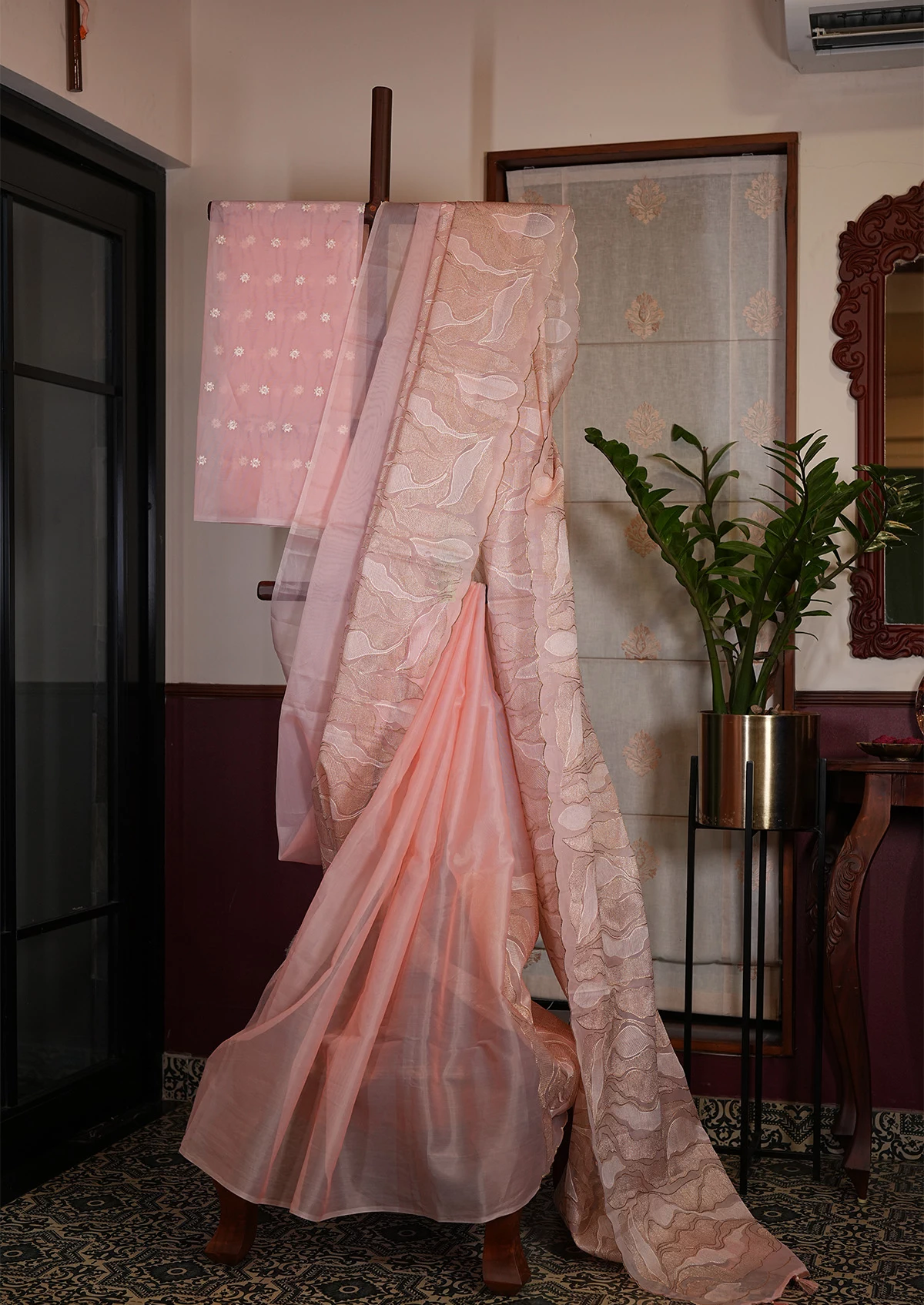 Soft Peach Semi Turkish Organza Saree with Delicate Detail