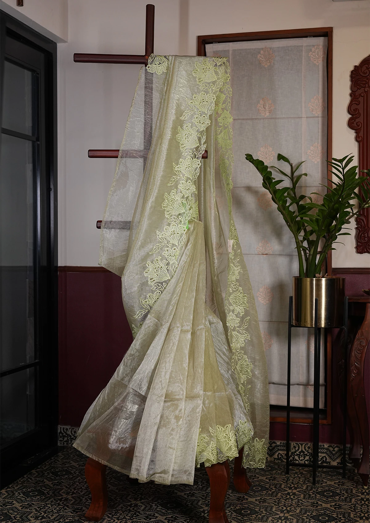Soft Pistachio Semi Tissue Organza Saree with Elegant Border