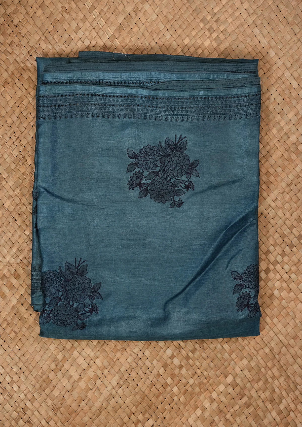 Teal Blue Tussar Saree with Floral Motifs