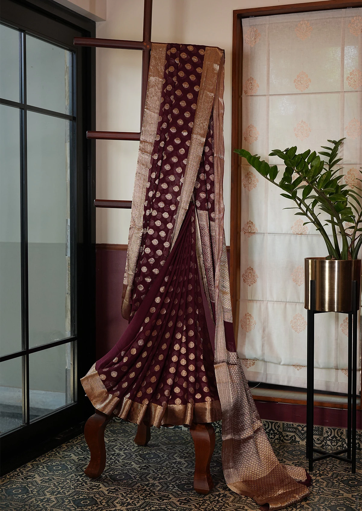 Wine Maroon Kota Viscose Butti Banarasi Saree